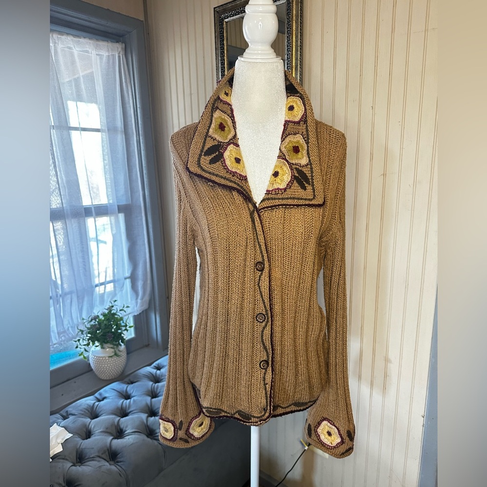 J Jill Handknit Cardigan Womens S Boho Floral Embroidered Brown Cottagecore
